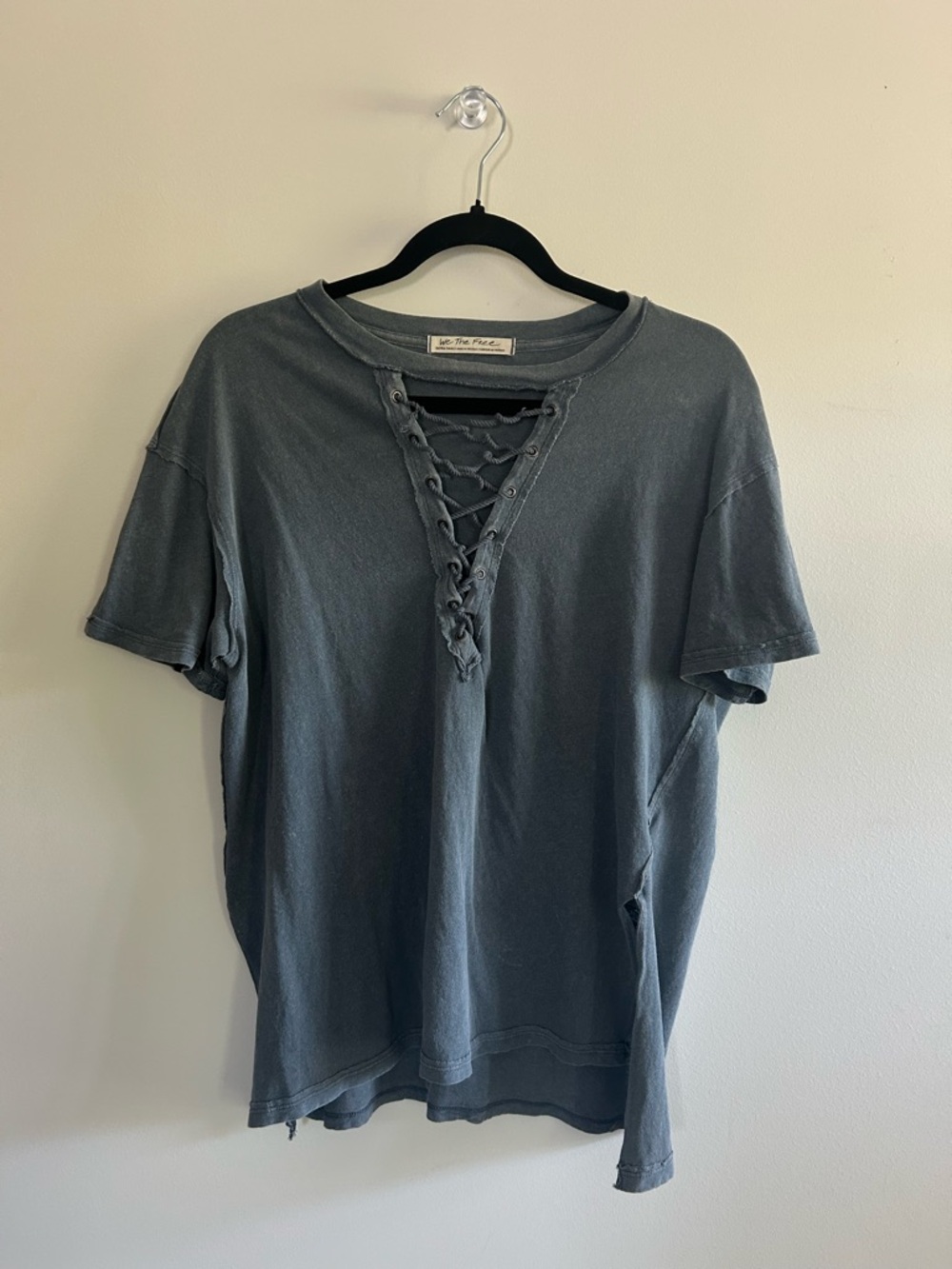 Free People We The Free Lace-Up Short Sleeve Top in Faded Slate